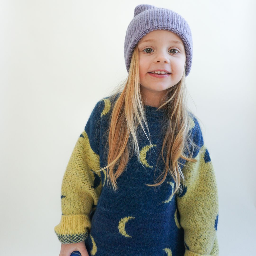Moon jacquard kids crewneck sweater in naturally dyed baby alpaca, mulberry silk and mohair — League of Friends