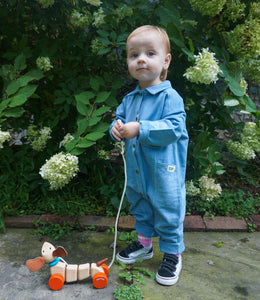 toddler wearing indigo boiler suit standing in front of white hydrangeas and holding a string to a wooden toy dog