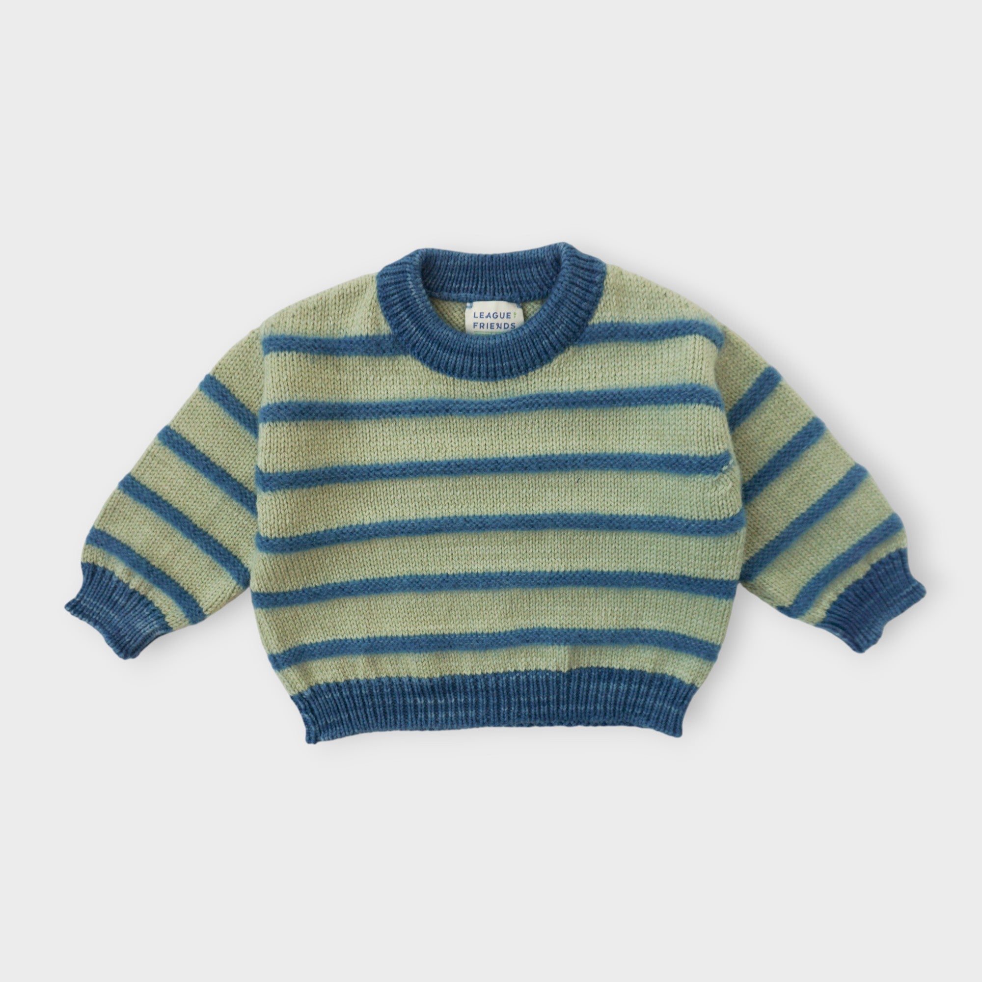 Fuzzy striped kids crewneck sweater in baby alpaca, merino wool, mulberry silk and mohair — League of Friends