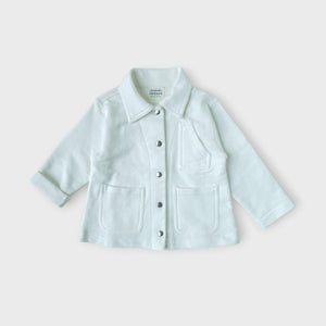 white snap front chore jacket with pockets and collar