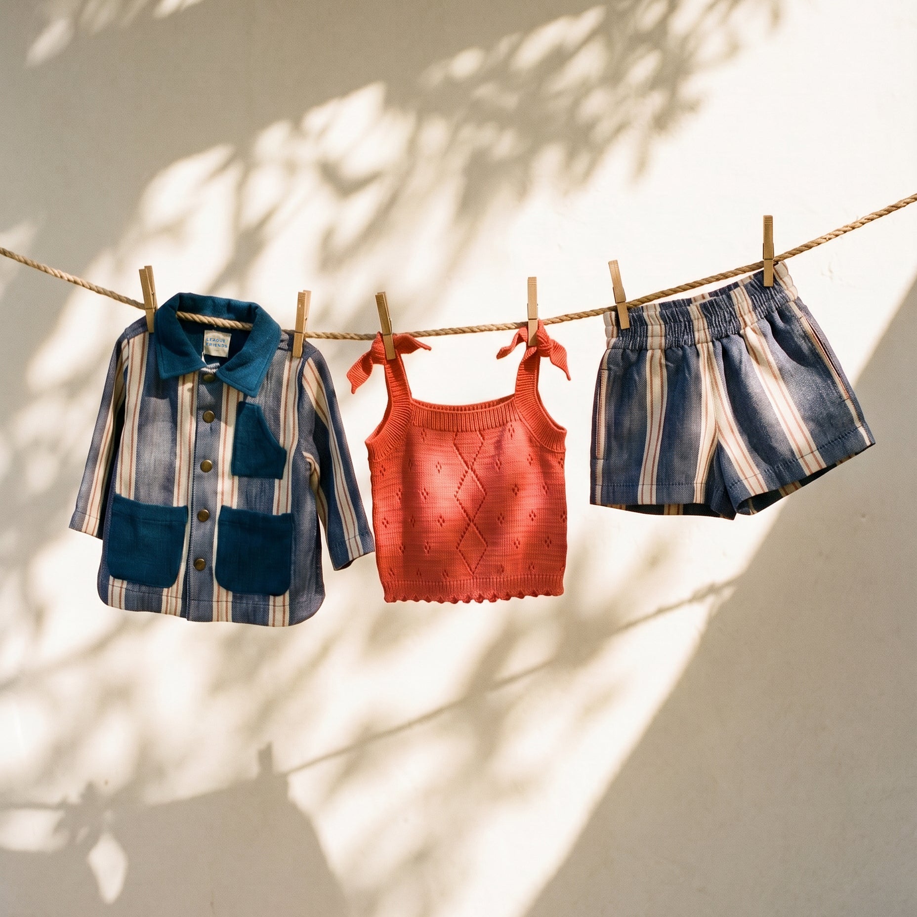 Organic cotton kids chore jacket in indigo blue umbrella stripe with antique brass snaps and patch pockets, by League of Friends
