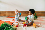 Load image into Gallery viewer, two babies wearing colorful organic cotton bodysuits playing with colorful books and sitting on blankets
