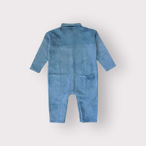 back flat view of indigo dyed boiler suit