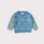 Load image into Gallery viewer, smiley face jacquard sweater laying flat and made from raw silk, kid mohair and alpaca
