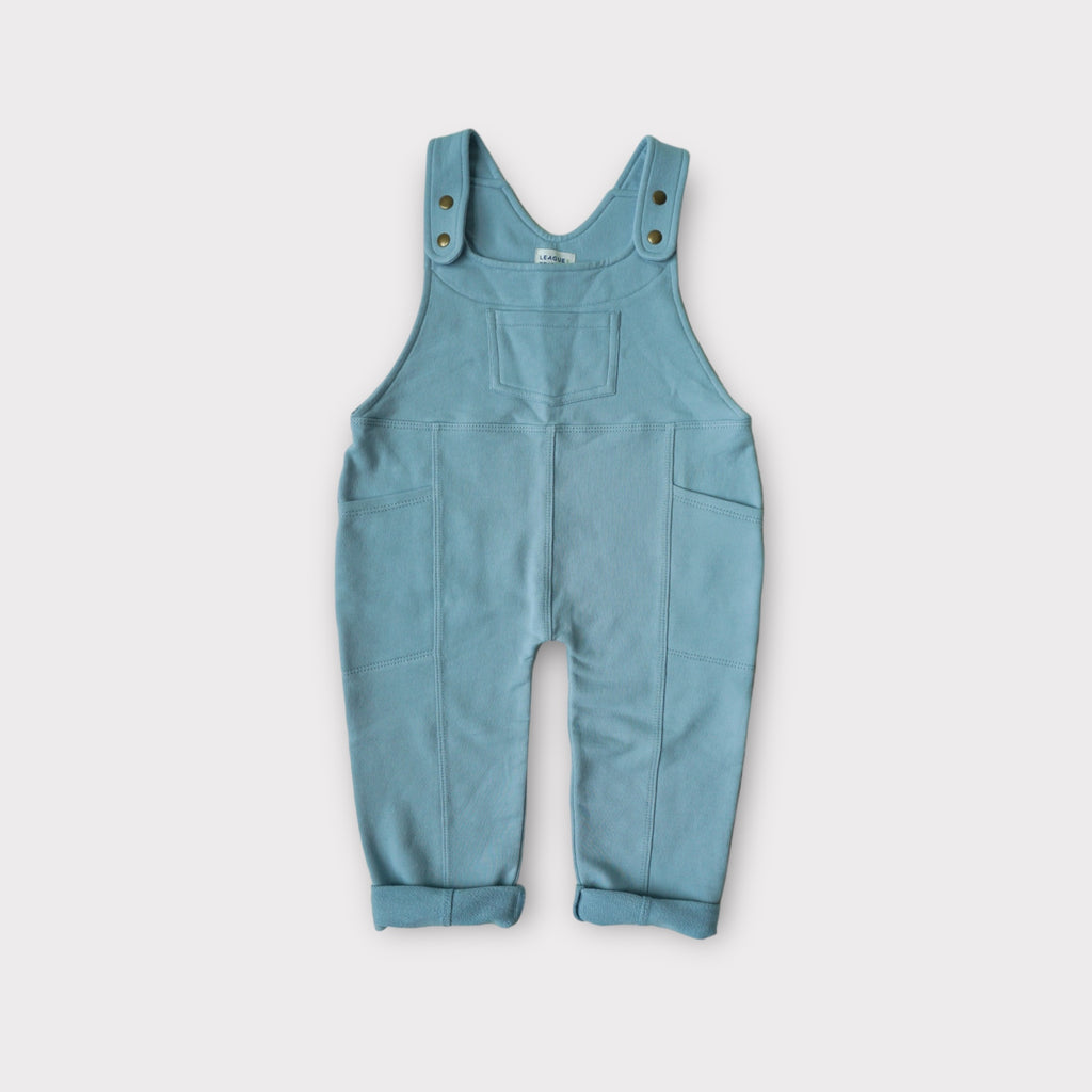 organic cotton french terry blue dyed dungaree overalls for kids