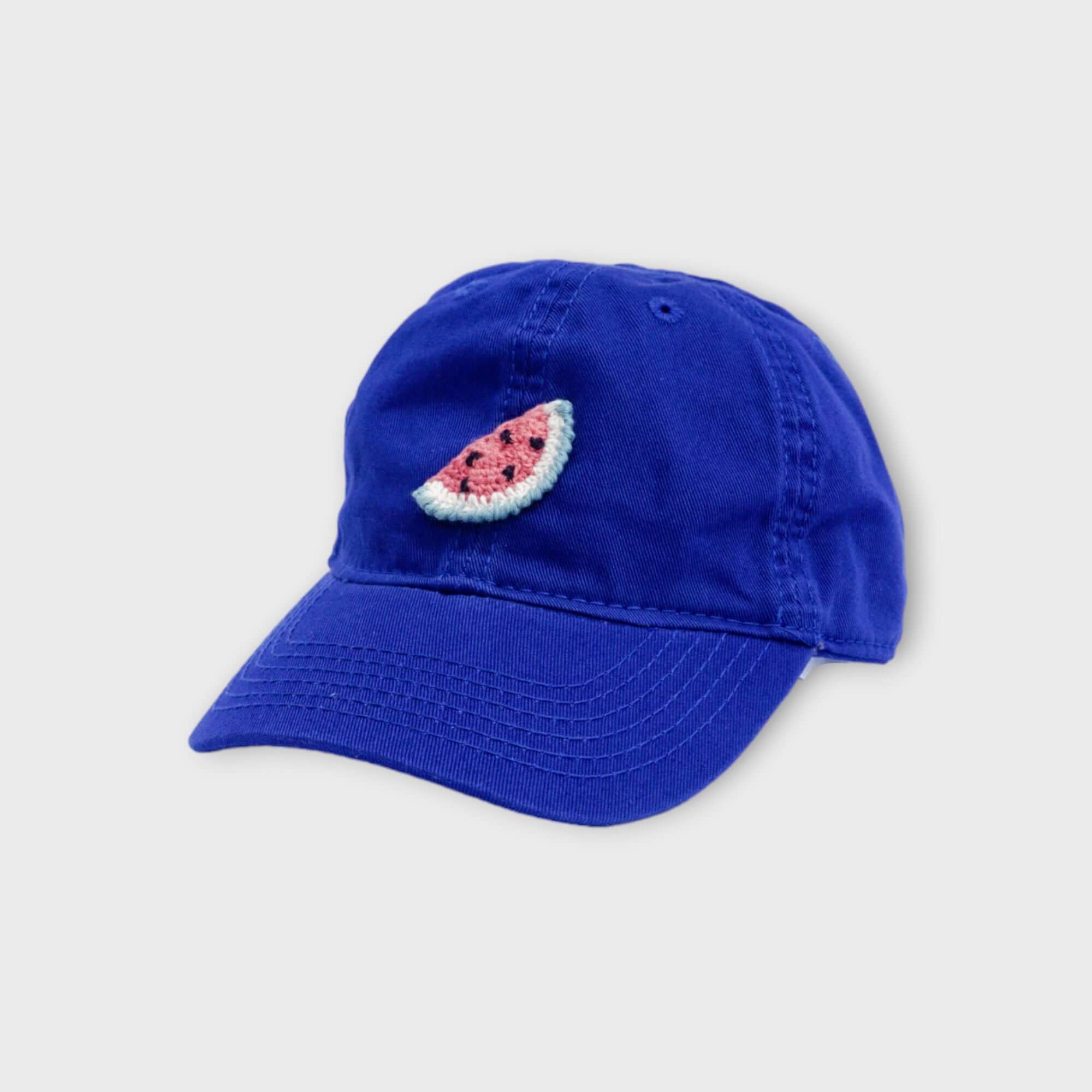 blue baseball cap with watermelon crochet applique