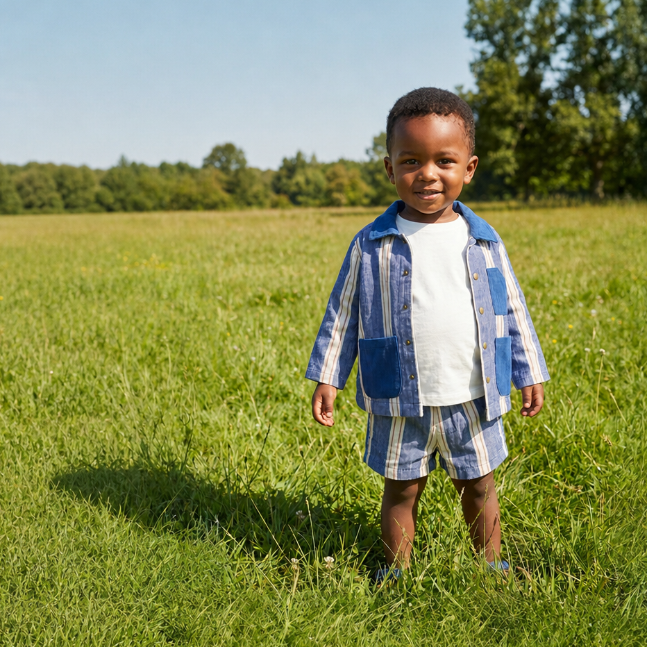 Child standing in a grassy field wearing a blue and white checkered shirt and shorts.